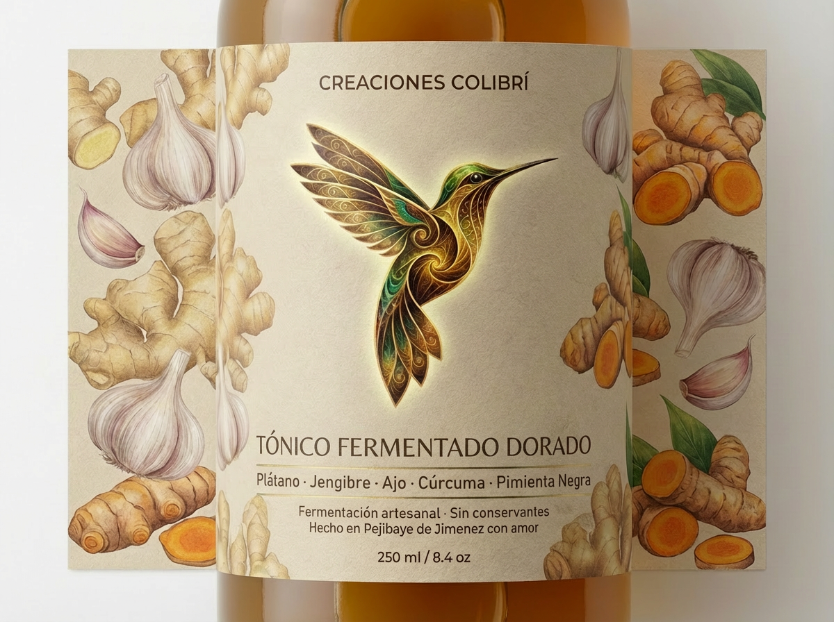 Etiqueta del Tónico Fermentado Dorado con tonos dorados cálidos y motivos botánicos.